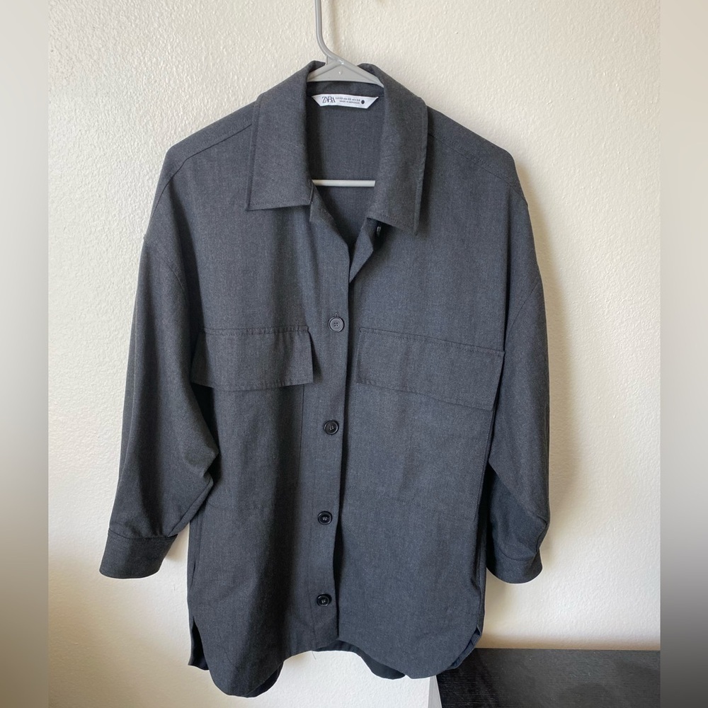 Zara Women’s Charcoal Button Down Shirt Jacket Lightweight Size XS Oversized